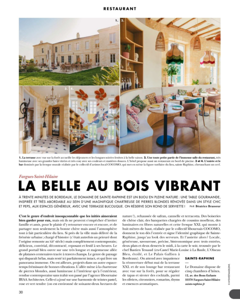 Article du magazine Côté Ouest avril mai 2026 présentant le Domaine Sainte Raphine près de Bordeaux